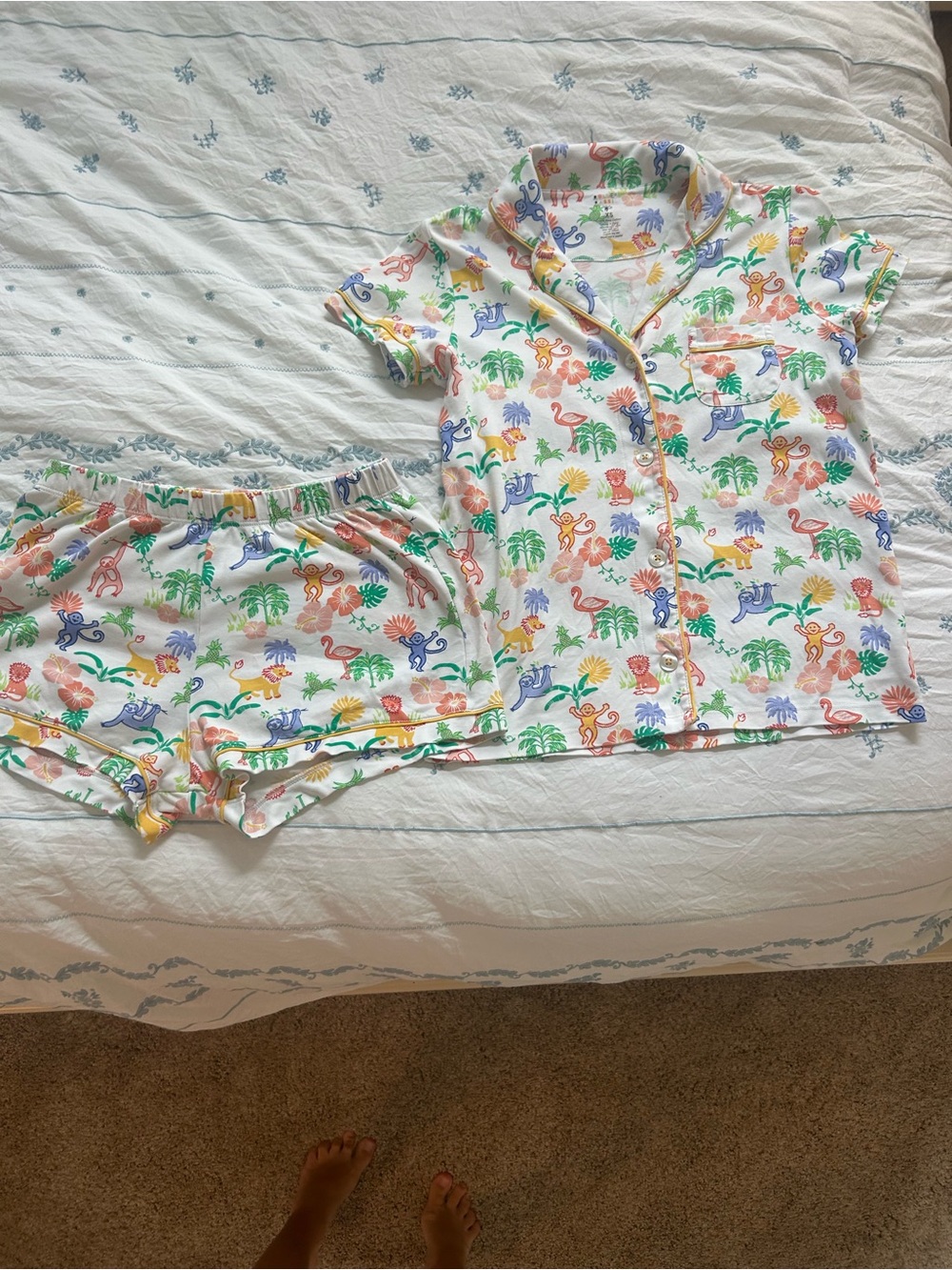 Tropical Animal Short Pajama Set - White with Multicolor Print